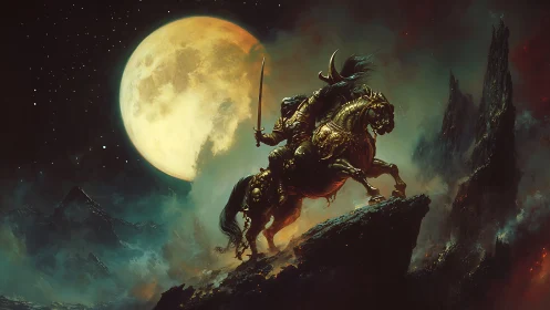 Moonlit warrior ride across burning cliffs and clouds.