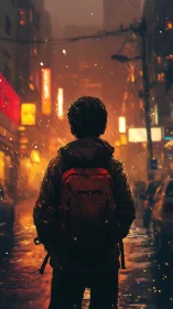 Rain-soaked wanderer glowing in neon city night streets.