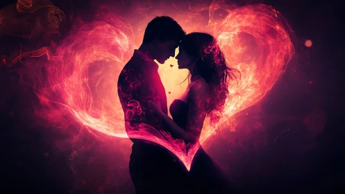 Two souls kissing within radiant heart of fire.