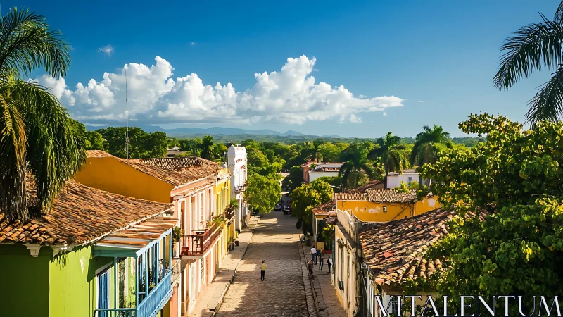 Colorful colonial street stretches toward distant mountains
