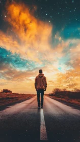 Backlit figure on vanishing highway beneath chromatic nebula sky.