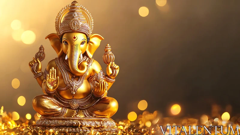 Golden Ganesha idol with bokeh light background glow.