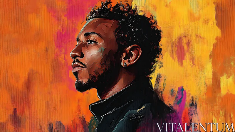 Bold portrait against blazing orange painted backdrop.