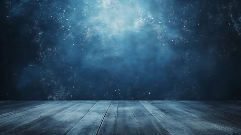 Wooden floor against dark textured blue abstract backdrop.