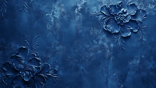 Monochrome blue relief flowers on textured background.