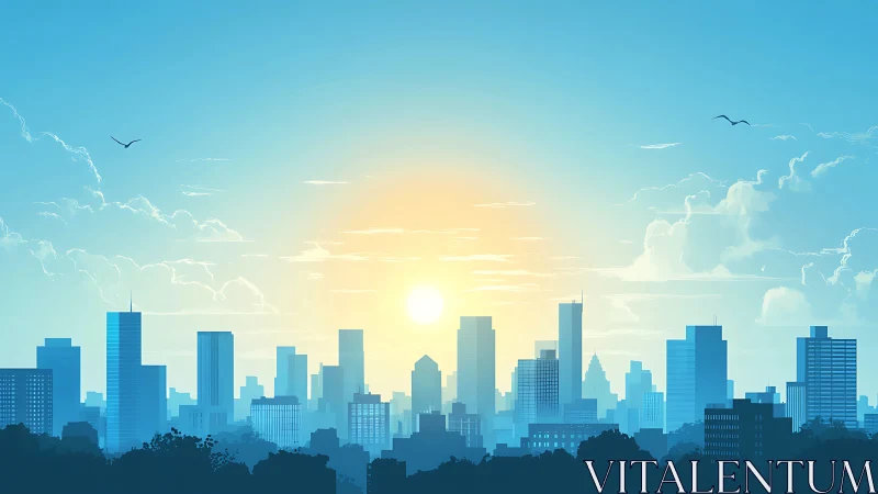 Digital sunrise skyline with layered blue highrise silhouettes.