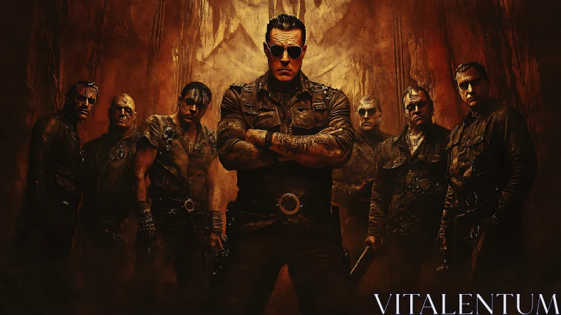 Parametric low‑key portrait of armored mercenary squad in rust haze