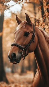 Chestnut horse portrait in soft autumn forest light.