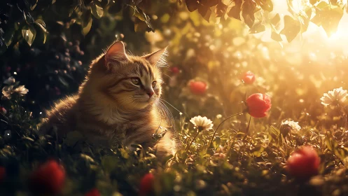 Tabby cat sitting in sunlit wildflower garden at golden hour