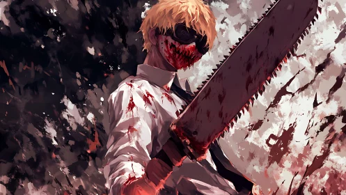 Chainsaw-masked hunter lifts blood-soaked blade skyward