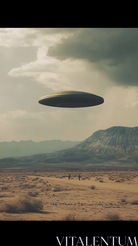 Desert plateau overflight by lenticular metallic spacecraft.