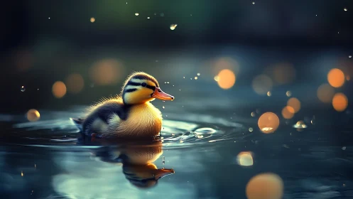 Photorealistic duckling portrait with bokeh water illumination.