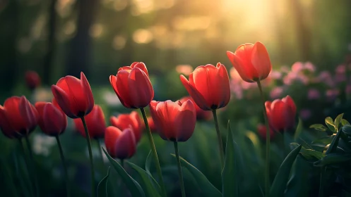 Crimson Tulips Glowing in Golden Sunlight.