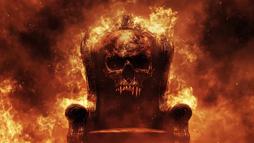 Burning gothic throne crowned by demonic skull in flames
