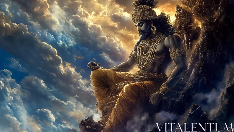 Mythic armored deity seated on rocky precipice amid luminous clouds