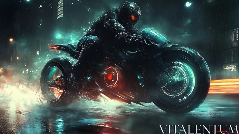 Cyberpunk rider powers futuristic motorcycle through rain.