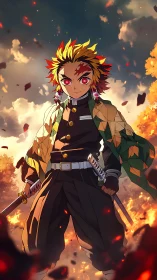 Sword-wielding anime warrior stands in flames and embers
