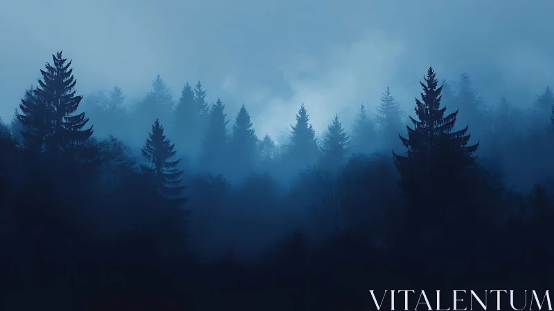 Misty Forest Landscape with Layered Evergreen Trees