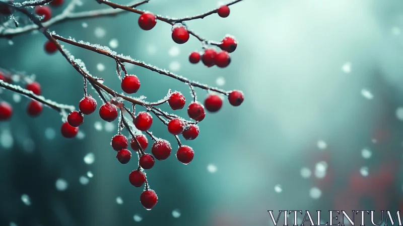 Red winter berries on icy branch in softly falling snow.