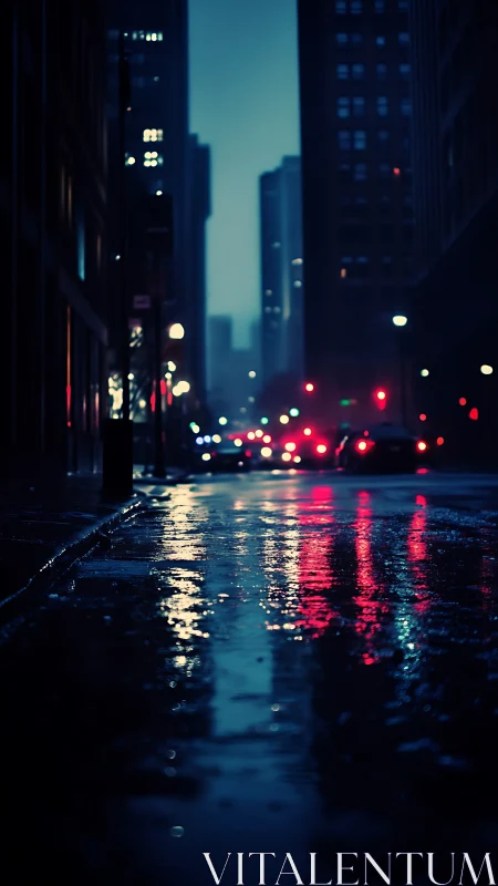Moody city night glows gently on a rain-soaked empty street