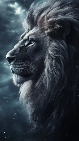 Majestic lion profile in stormlit cyan monochrome portrait.