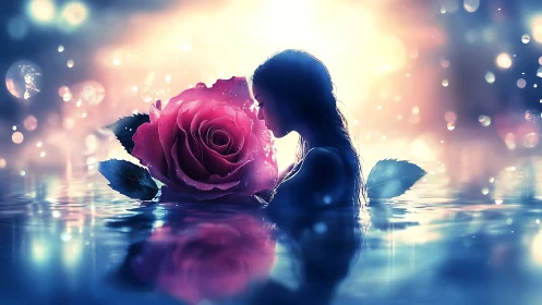 Ethereal Portrait with Luminescent Magenta Rose in Reflective Waters.