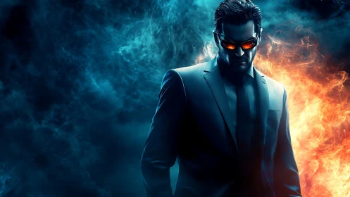 Photorealistic cyber agent in dual-tone fire and smoke field.