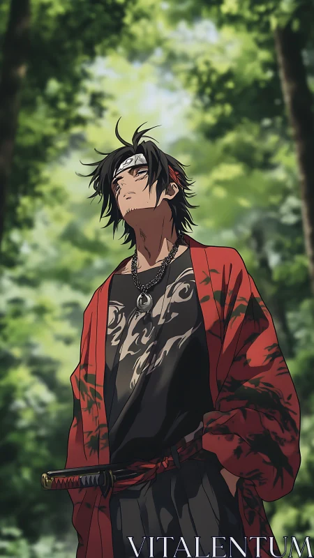 Samurai streetwear wanderer stands beneath sunlit forest canopy