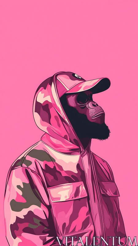 Pink camo gorilla in hooded streetwear illustration.