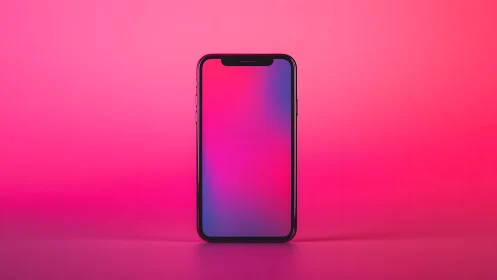Modern smartphone with gradient screen on vibrant pink background.