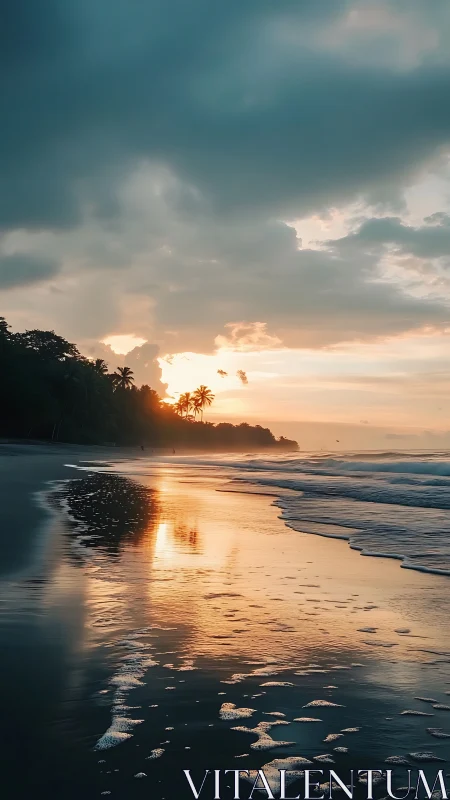 Golden hour seascape with reflective shoreline and clouds.