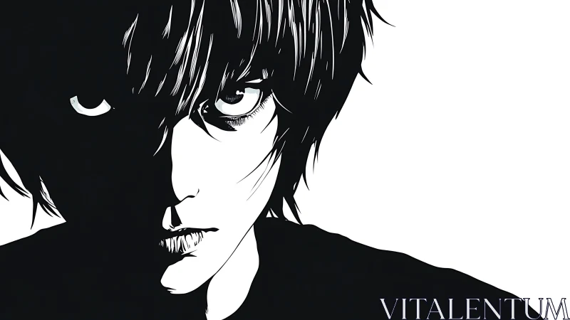 Shadowed gaze in bold black and white anime portrait.