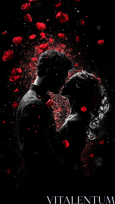 Embracing Passion: Black and Red Romantic Particle Dissolution.