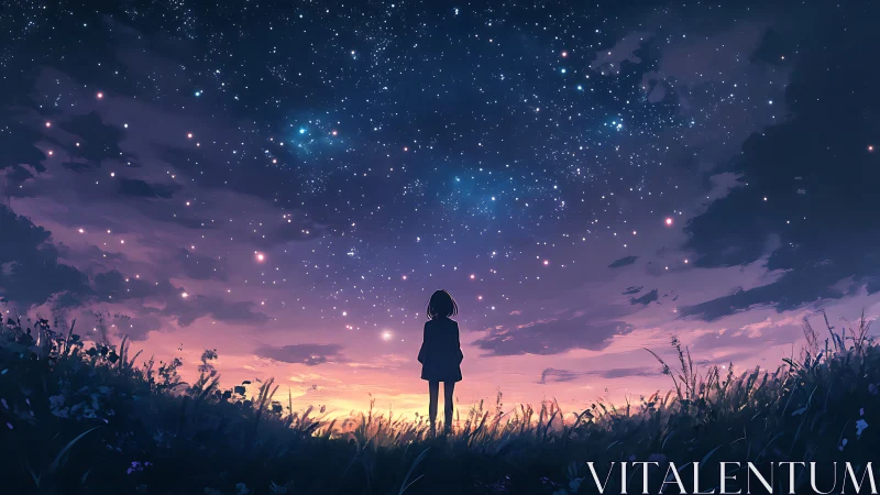 Backlit silhouette observing dense stellar canopy at dusk.