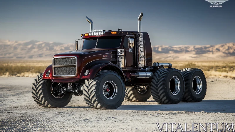 Custom six-wheel off-road semi truck stands in desert
