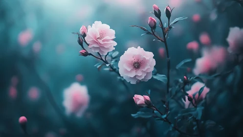 Pink Blooms Dance in Twilight Mist. Ethereal Garden Dreams.