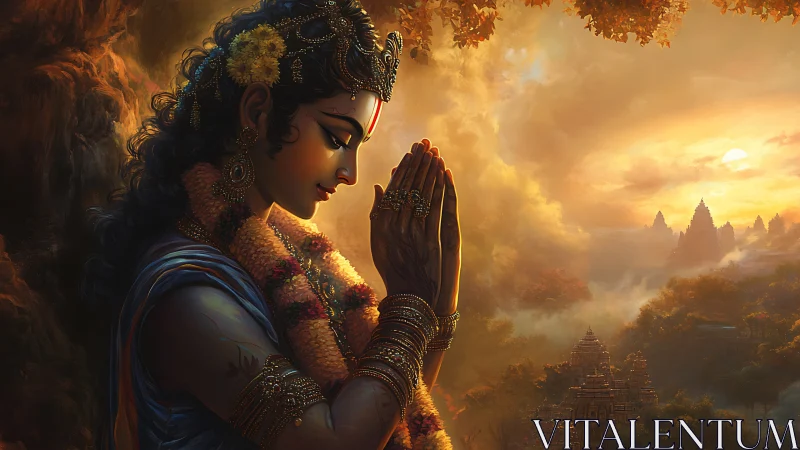 Devotional goddess profile prays over misty temple valley