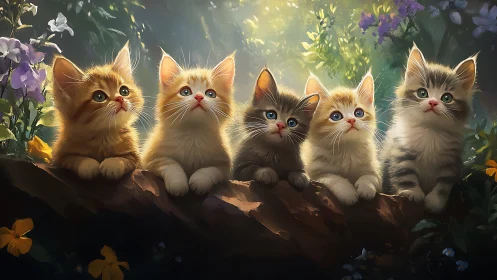 Five Enchanted Kittens Gathering on a Luminous Forest Branch
