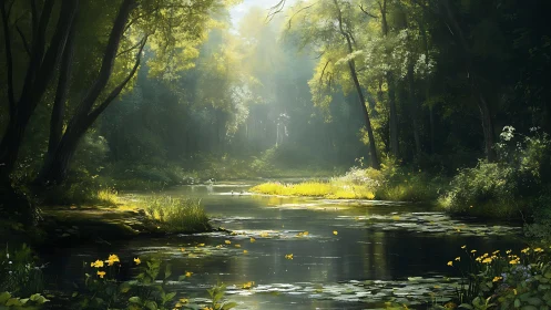 Sunlit Forest Stream with Yellow Wildflowers and Lush Canopy