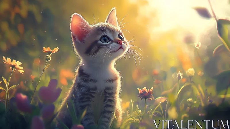 Kitten in Golden Wildflower Meadow at Sunrise.