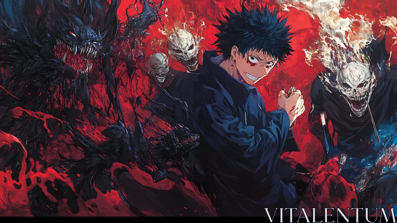 Dark haired anime fighter surrounded by skeletal demons.
