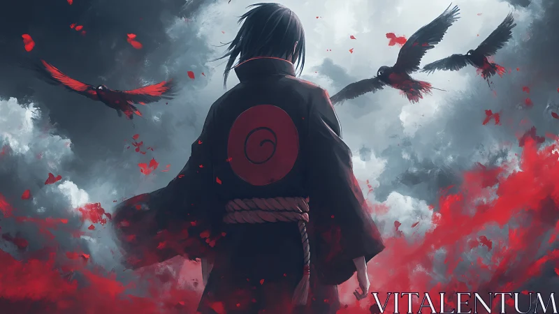 Lone warrior in crimson storm of crows and swirling clouds.