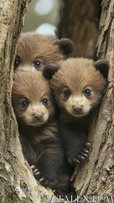 Curious bear cub trio peeking shyly from a cozy tree hollow.