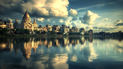 Historic domed waterfront cityscape under dramatic clouds.