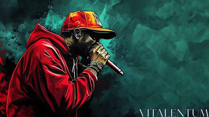 Rapper in red hoodie performs into microphone on teal backdrop