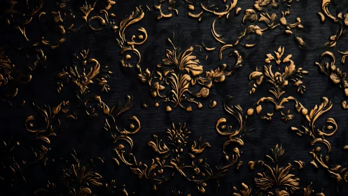 Ornate gold baroque floral pattern on dark textured fabric.