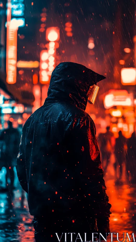 Hooded figure in rainlit urban street with neon signage.