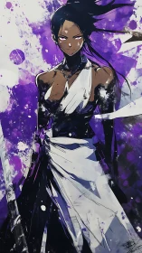 Warrior heroine in dynamic purple ink-splash anime composition