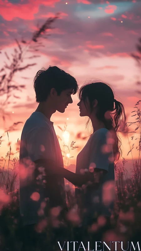 Silhouetted couple faces golden sunset amid wildflowers.