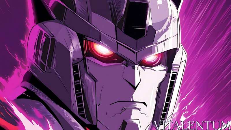 Angular mech portrait with magenta energy backlight and glare.